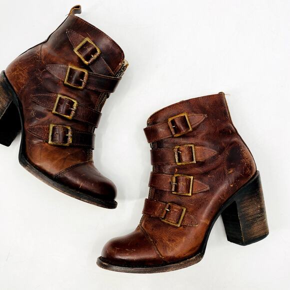 Freebird by Steven Shoes - Freebird 7 Brown Leather Buckle banjo booties